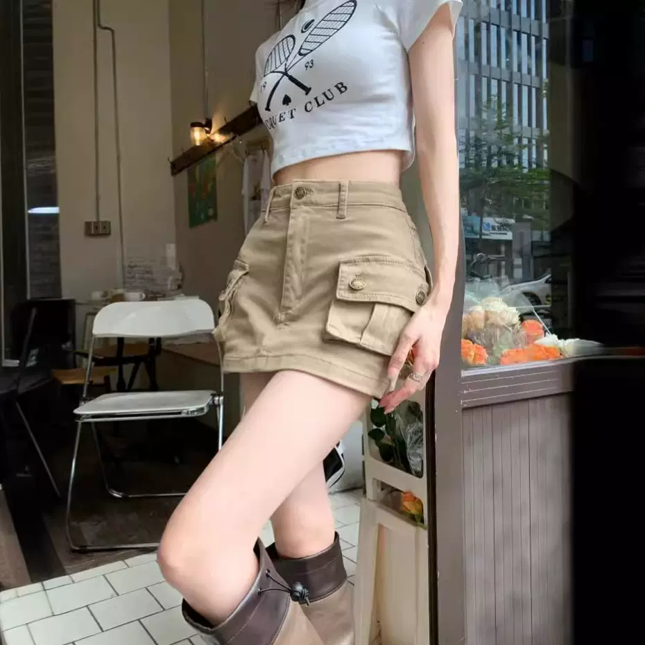 卡其色工装裙女夏季辣妹防走光牛仔显瘦复古半身裙高腰A字短裙子