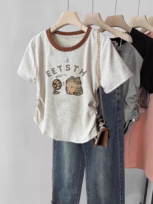 右肩ユニークで美しい半袖レディース Tシャツ 2025 年夏新作人気夏のレディースフィットウエストショートトップ|undefined