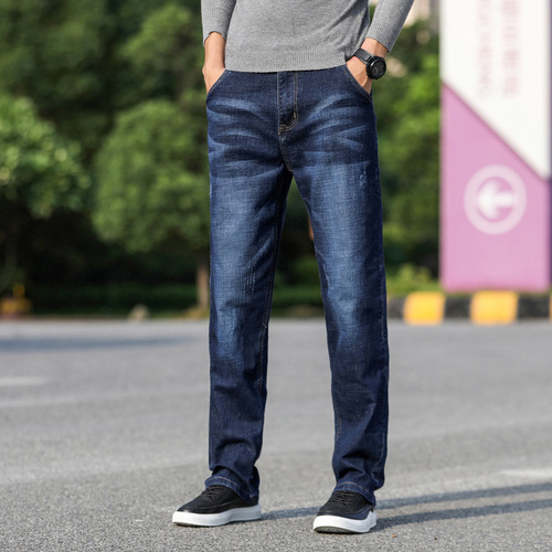 Autumn Loose Straight-leg Blue Business Men's Casual Long Pants for Autumn/Winter Elastic Pants Thick Version (Supports