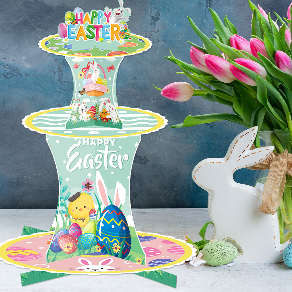 Cross-Border New Easter Decoration Paper Rabbit Cake Stand Dessert Table Easter Egg Scene Party Party Supplies