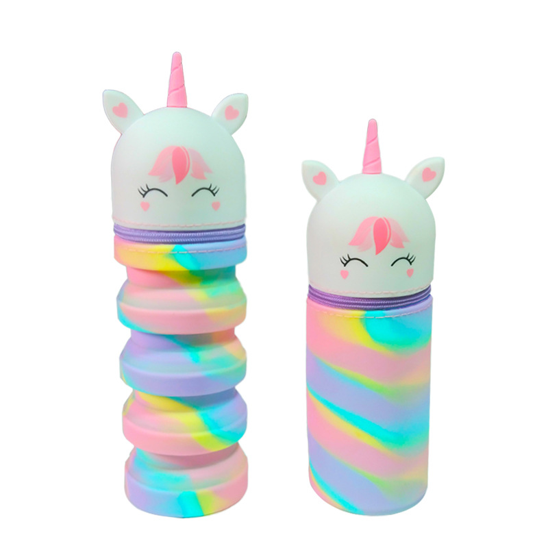 Animal encantador silicona de gran capacidad retráctil bolígrafo de cremallera bolsas de bolígrafo de papelería unicornio cilíndrico niños