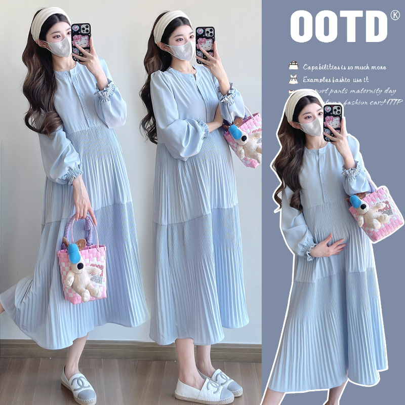 Real Shot of 2025 New Autum Style Loose Slimming Look Pleated Casual Versatile Mid-Length Elegant Maternity Dress