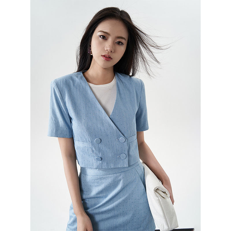 DTWO Spring and Summer New Suit Cotton Diamond Short-sleeved Slim-fit Slimming Breasted Top Women's 4117511