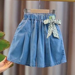 Girls' Shorts Summer Outer Wear 2024 New Style Big Children's Western Style Girls Thin Denim Five-point Children's Tencel Pants