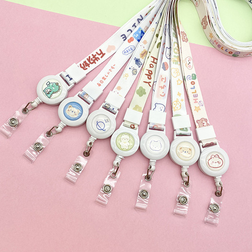 Cartoon retractable easy-pull buckle lanyard wholesale student card holder hanging neck long rope adjustable work badge card chest card sling