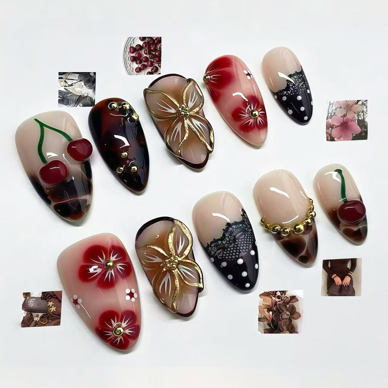 Retro 3D Gold Cherry Press-On Nails Early Autumn Amber Cross-Border European and American Ins French Polka Dot Hot Girl Nail Stickers Retro 3D Gold Cherry Press-On Nails Early Autumn Amber Cross-Border European and American Ins French Polka Dot Hot Girl Nail Stickers