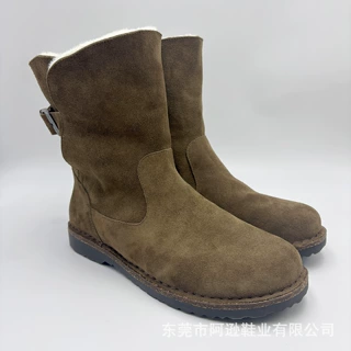 真皮毛毛靴防滑平底中筒靴加绒保暖雪地靴皮带扣羊毛靴两穿棉鞋