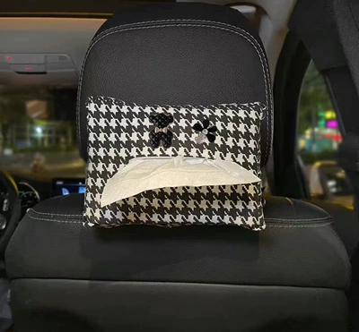 Houndstooth Car Tissue Box Creative Car Car Car Internet Celebrity Car Hanging Paper Bag Car Interior Supplies Women (Car tissue box/set) - houndstooth-black-black-bear