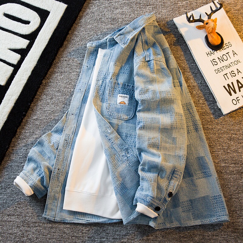 Hpcp Light Plaid Shirt Jacket Men's Trendy Brand Ins Spring & Fall Handsome American Workwear Casual Denim Jacket