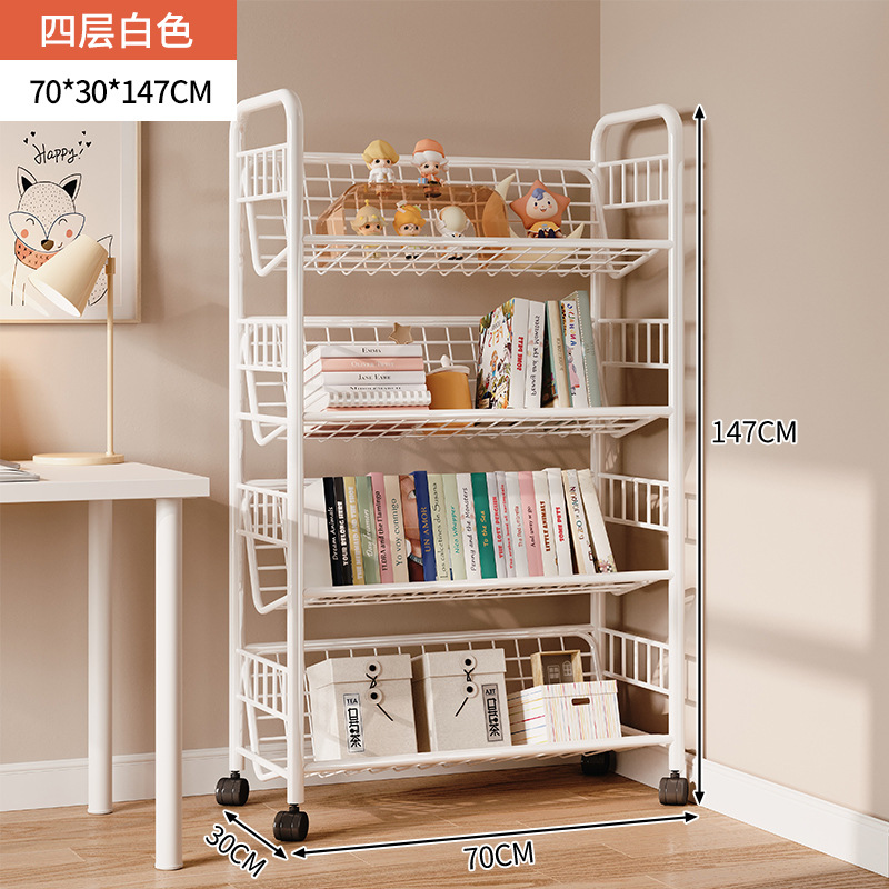 Estante de libros para niños Estante de almacenamiento de hierro forjado contra la pared Estante de almacenamiento de piso Estante de ruedas plegable móvil junto al escritorio