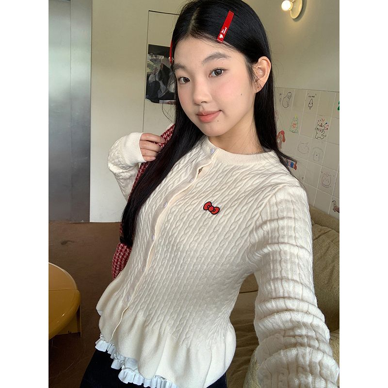 温柔风麻花针织开衫女春秋韩系穿搭毛衣外套修身收腰裙摆短款上衣|undefined