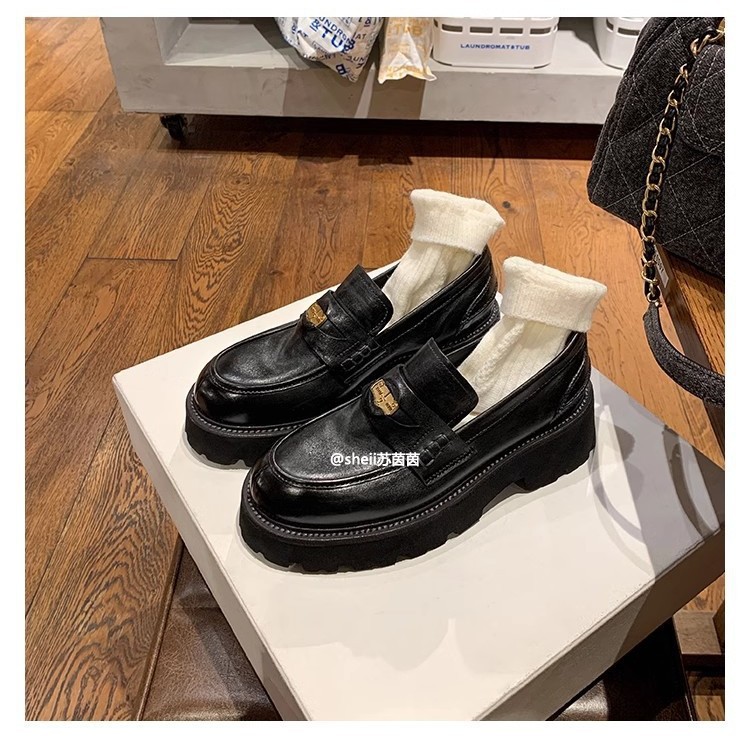Su Yinyin 같은 스타일 신발 작은 금화 복고풍 두꺼운 밑창 게으른 슬립 온 로퍼 여성용 작은 가죽 신발