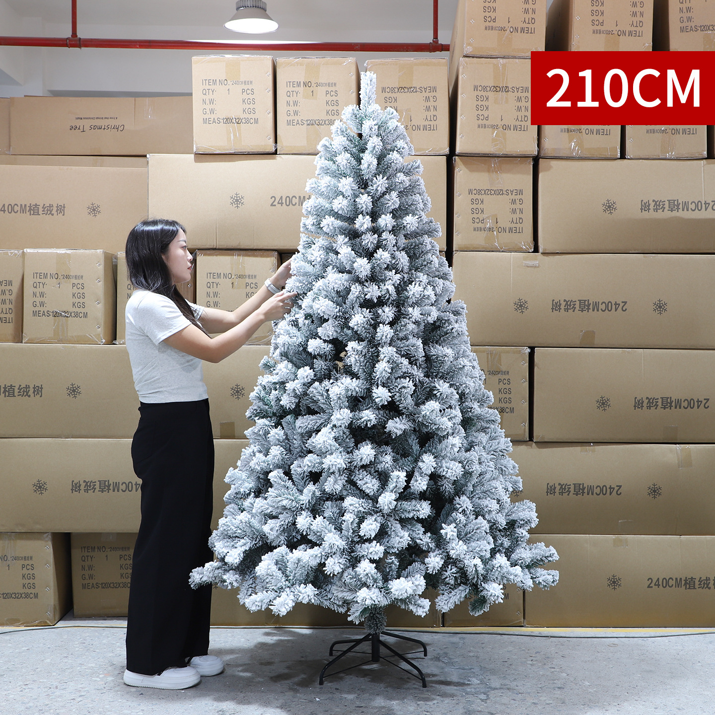 Árbol de Navidad puro PE mezclado PVC nieve flocado árbol desnudo blanco decoración de Navidad pleno pe árbol de Navidad precargado luz