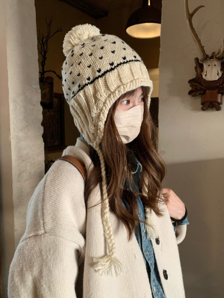 フェア島風毛糸帽子女子秋冬レトロ百合大頭囲保温ニット帽子顔小耳保護帽子