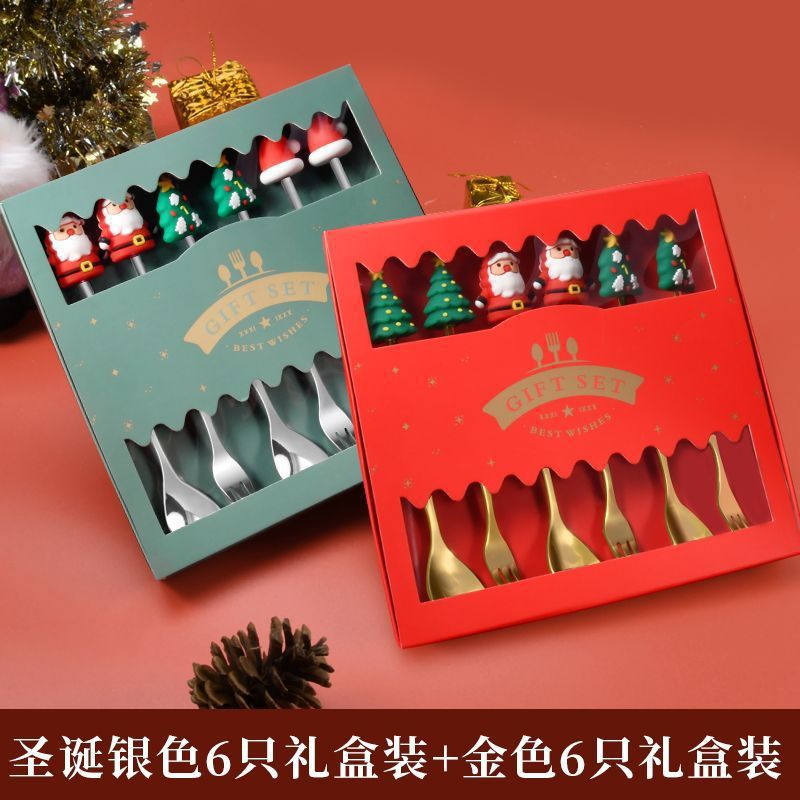 Navidad niñas tenedor de postre conjunto de dibujos animados cuchara de comida árbol caja de regalo de acero inoxidable cuchara de regalo creativa para ancianos