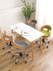 實木吧檯椅現代簡約靠背椅家用美發圓凳子滑輪升降椅前台椅子