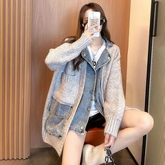 跨境秋冬季新款慵懒风韩版假两件设计感宽松针织衫毛衣外套开衫潮
