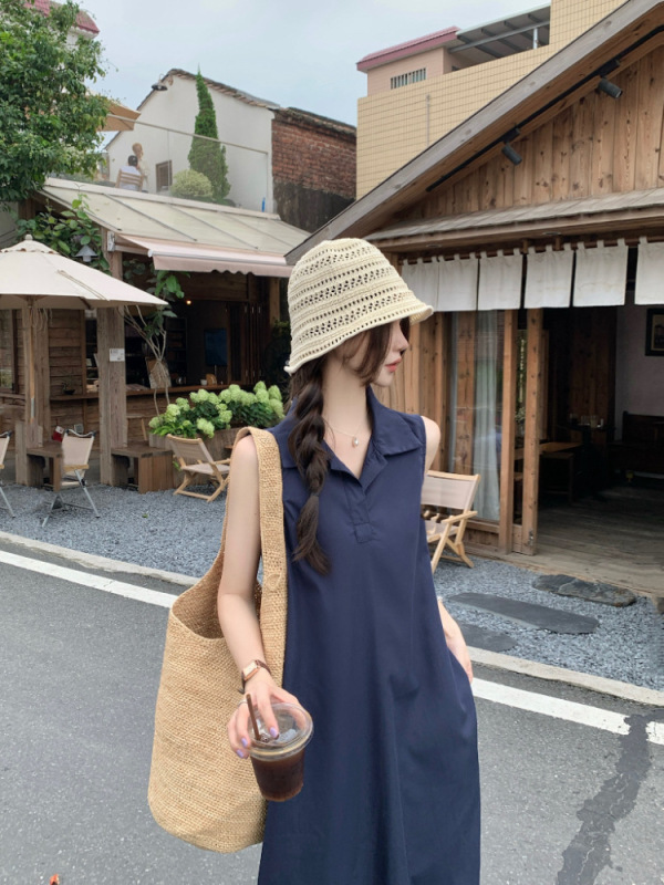 实拍 韩系简约polo领无袖连衣裙女宽松气质背心裙松弛感长裙86065|undefined