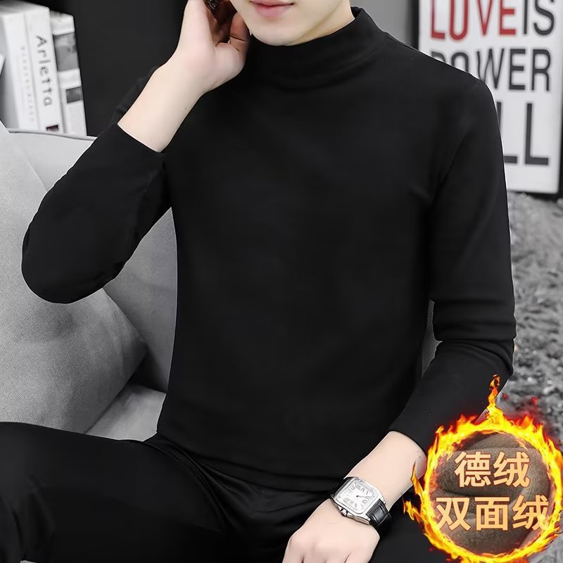 젊고 중년의 긴팔 티셔츠 남성용 양면 양털베이스 셔츠 반높이 칼라 솔리드 컬러 기모 가을과 겨울용 따뜻한 내부 재킷