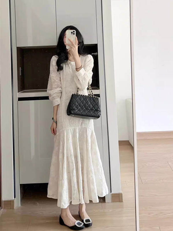 法式名媛茶歇连衣裙女春季新款感白色雪纺刺绣鱼尾长裙|undefined