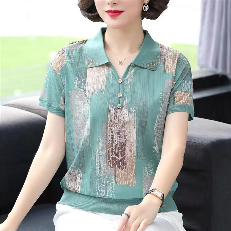 Middle-Aged Mother Summer New Short-Sleeved T-Shirt Women's Fashionable Shirt Middle-Aged and Elderly Age-Reducing Women's Large Size Ice Silk Top Middle-Aged Mother Summer New Short-Sleeved T-Shirt Women's Fashionable Shirt Middle-Aged and Elderly Age-Reducing Women's Large Size Ice Silk Top
