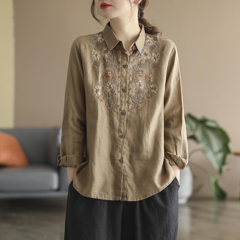 Spring and Autumn Large Size Loose Artistic Retro Ethnic Style Lapel Embroidered Long-Sleeved Cotton and Linen Shirt Tops Wholesale