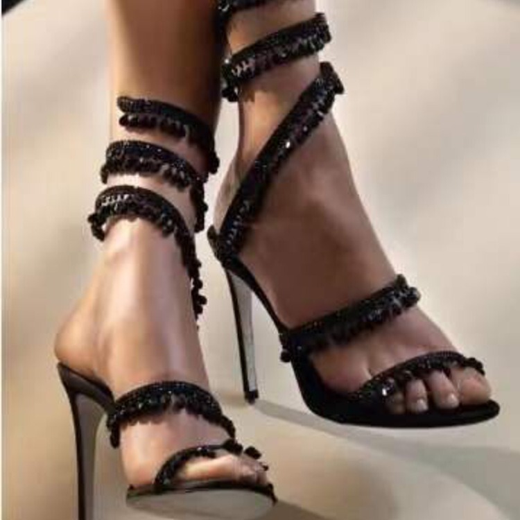 2024 Summer New Fashion Simple Stiletto High Heels Solid Color Tassel Rhinestone Roman High Heel Sandals Women's Shoes for Foreign Trade