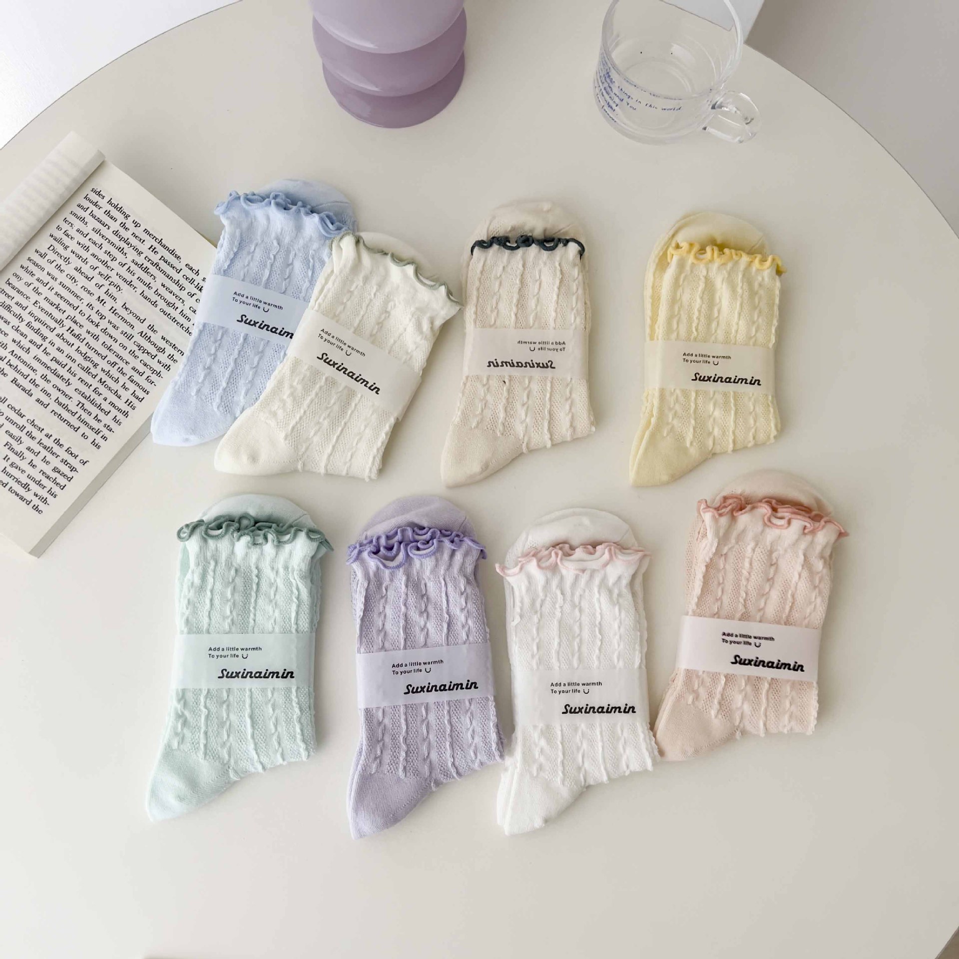 襪子女夏季薄款木耳邊網眼堆堆襪素色透氣日系奶油花邊襪子女中筒