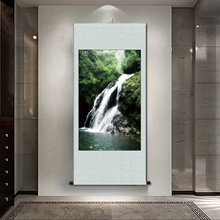 64N简约客厅风景现代实木卷轴挂画瀑布山水迎客松铝合金晶瓷平面