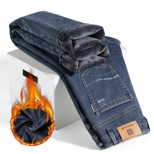 Men's Warm Fleece Thick Straight Leg Jeans for Autumn/Winter 2025 Trend Brand Long Pants