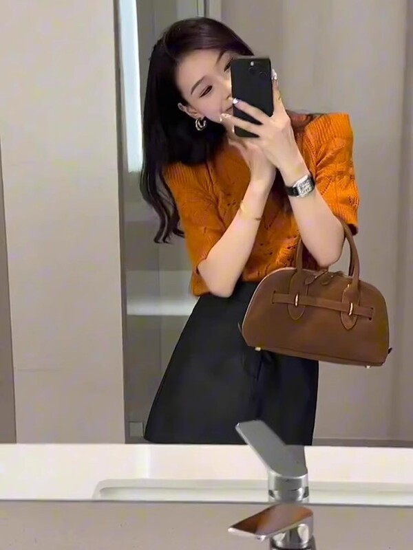 橘色镂空冰丝针织短袖正肩T恤女夏季小个子修身短款多巴胺小上衣|undefined