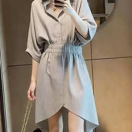 UNMUN法式轻奢风条纹衬衫连衣裙女收腰显瘦高级感气质裙收腰连衣