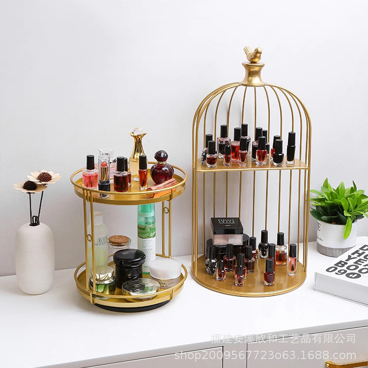 Ins cosméticos estante de almacenamiento jaula de pájaros de hierro forjado estante de escritorio estante de aparador estante de acabado de cuidado de la piel caja de almacenamiento de lápiz labial