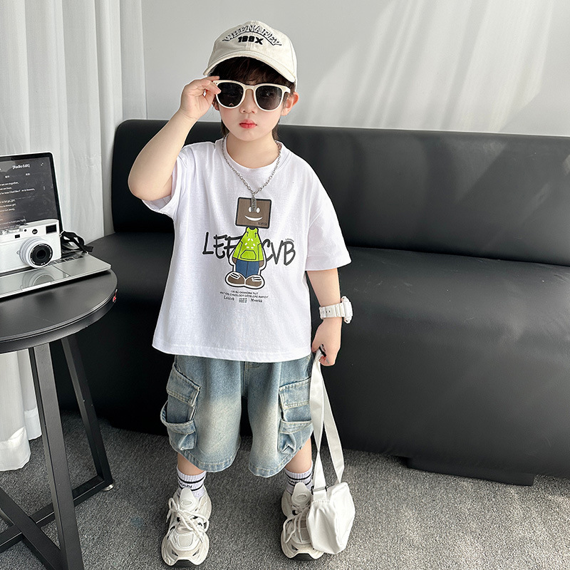 7269 Traje de camiseta de manga corta para niños 2025 Nuevo vestido de verano Ropa de moda coreana para niños Estilo fino de verano Calle frita