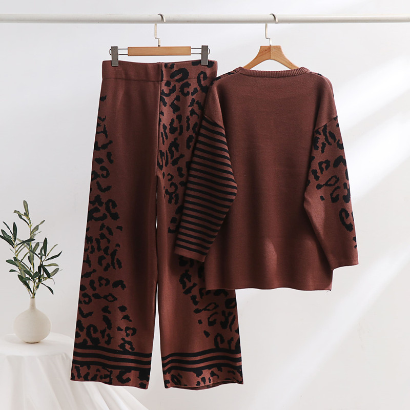Women's Clothing autumn and winter new fashion suit leopard jacquard loose slim sweater wide leg pants knit two piece suit for women_voghion.com
