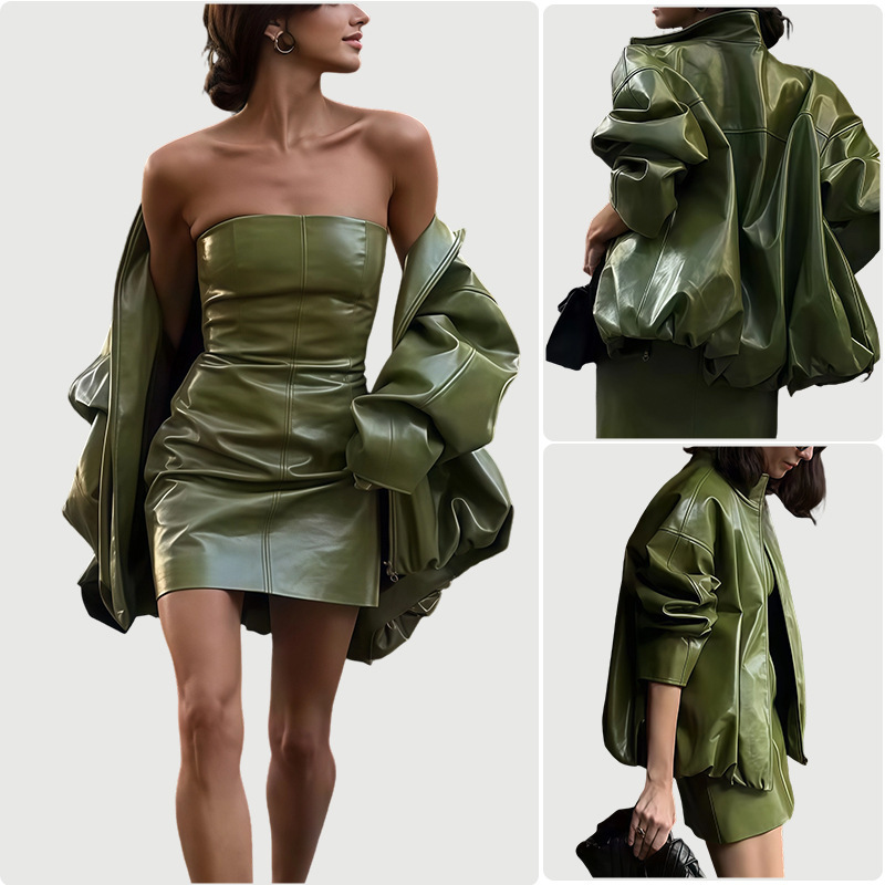 Aliexpress 2025 Amazon Cross-Border New Pu Women's Leather Jacket + Dress Suit