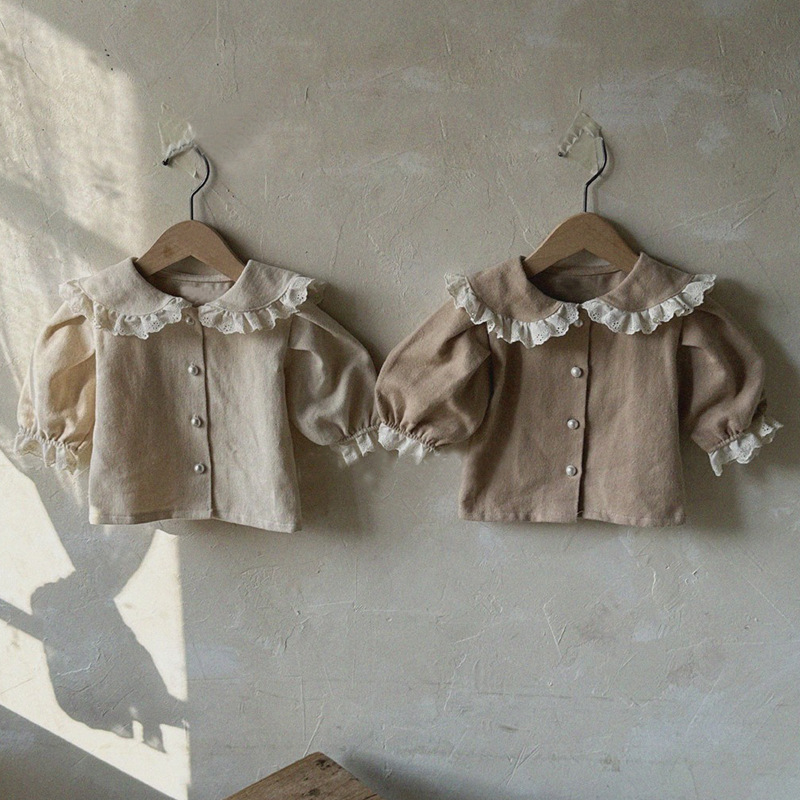 INS niñas bebé primavera nueva camisa superior estilo occidental encaje solapa encaje manga larga niñas cardigan camisa