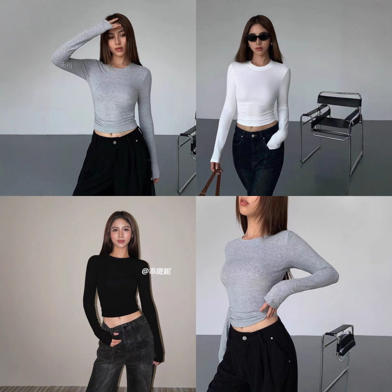 Korean Style Right Shoulder Slim Long-Sleeved T-Shirt for Women 2025 Autum New Pinch Waist Short Bottoming Shirt Slimming Look Women's Top Korean Style Right Shoulder Slim Long-Sleeved T-Shirt for Women 2025 Autum New Pinch Waist Short Bottoming Shirt Slimming Look Women's Top