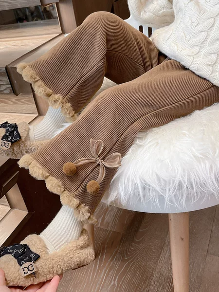 Girls' Fur Ball Bow Wide Leg Pants Autumn and Winter New Arrival Korean Style Lace fleece-lined Thickened Straight Pants