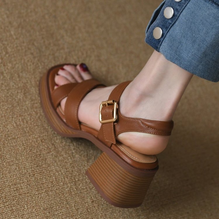 2025 Summer Real Soft Leather Thick Heel Retro Brown Sandals Women's Summer Cross Strap High Heel Mary Jane Sandals