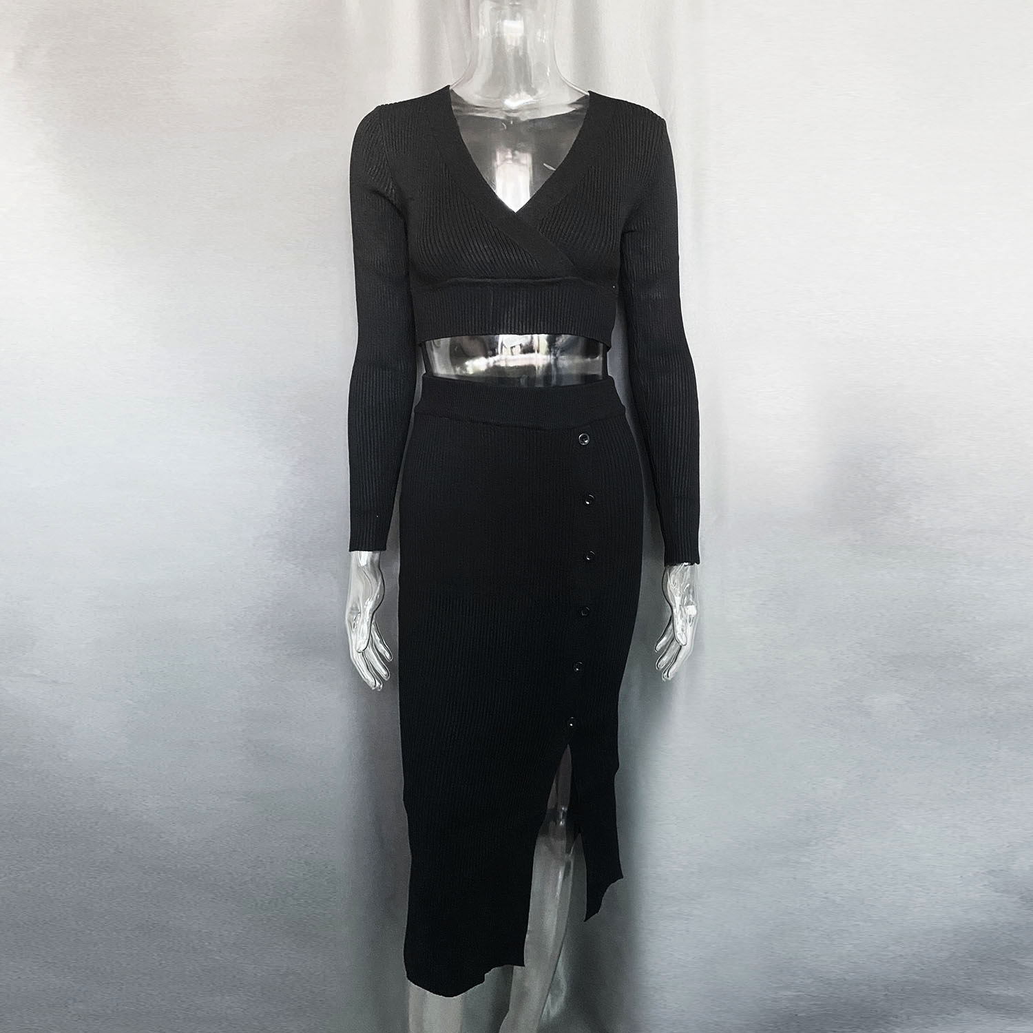 Women's Clothing Slit Sweater Dress Deep V High Elastic Wool Sweater Suit_voghion.com