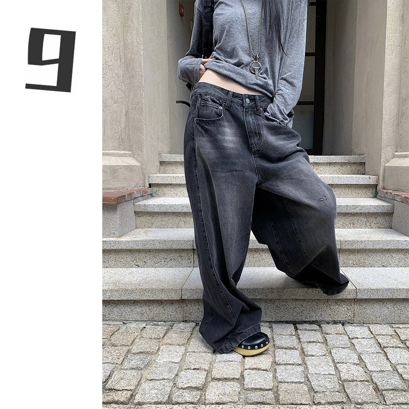 [9Hour] American Tie-Dye Design Wide-Leg Jeans for Women 2025 Autum Retro Loose Pants Xf1377