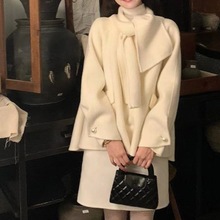 法式千金风白色毛呢大衣外套女古着深冬装搭配一整套裙子