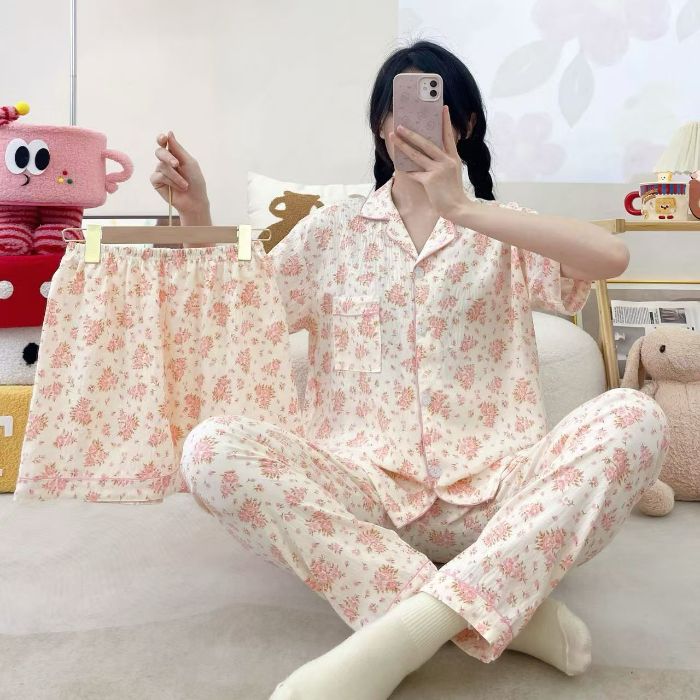 Venta al por mayor transfronteriza 120g pijamas de algodón de nube de verano de manga corta para mujer pantalones cortos de algodón de nube de verano de tres piezas servicio a domicilio de dibujos animados