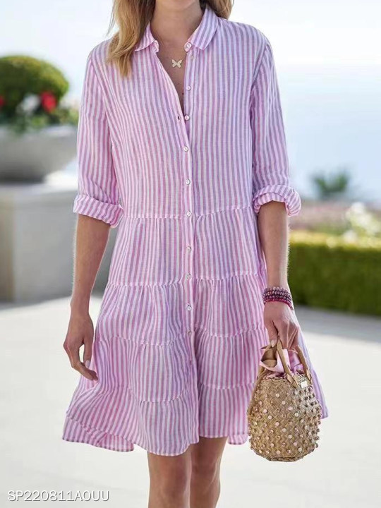 Women's Clothing Long Sleeved Striped Shirt Dress Autumn American Style Thin Summer Dress Suitable_ecoleips.com