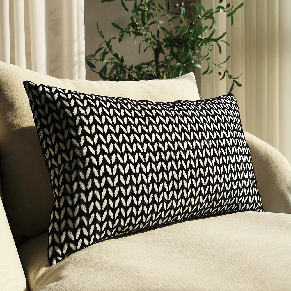 Customized size retro thickened chenille black and white grass leaf plaid square pillowcase sofa lumbar support backrest detachable
