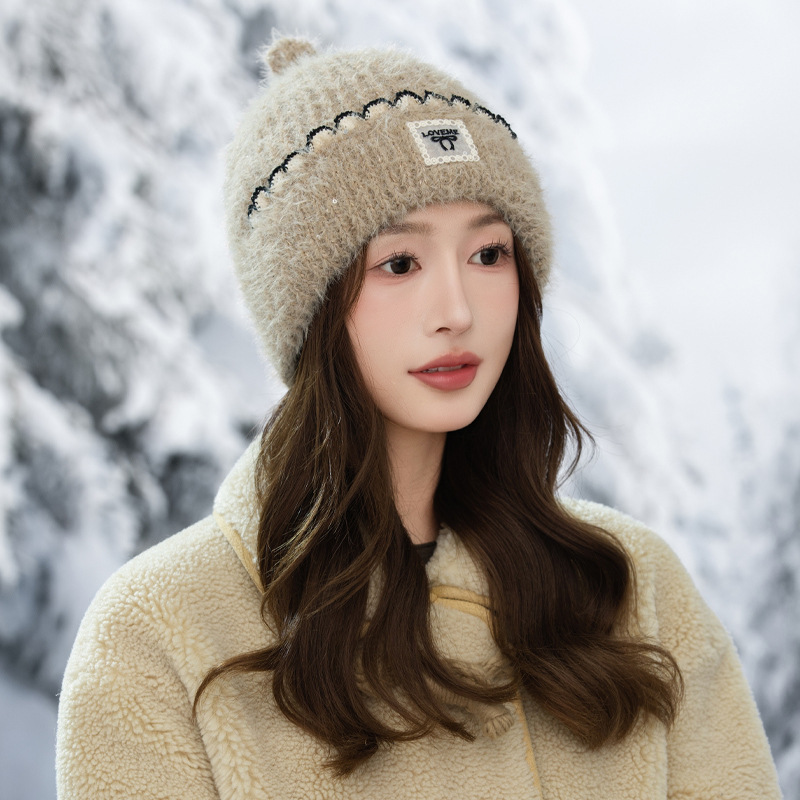 帽子女秋冬百搭保暖花边针织毛线帽韩版户外出行加绒加厚防寒帽新|undefined
