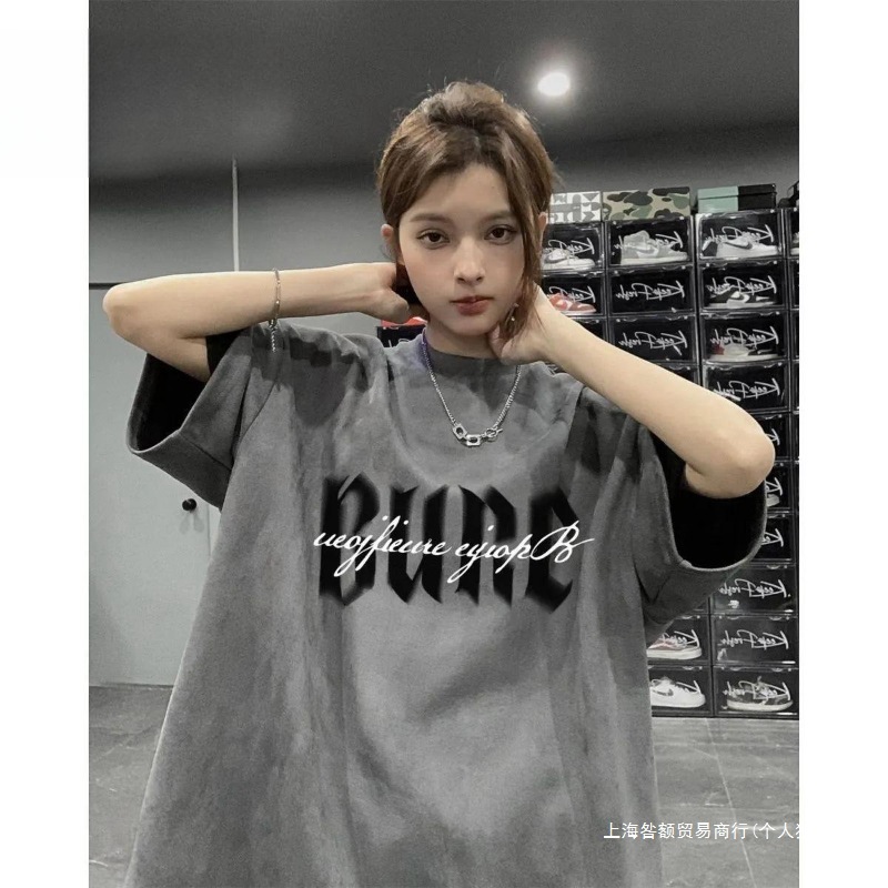 特大码300斤美式麂皮绒短袖T恤男女夏季潮牌复古重磅宽松情侣上衣