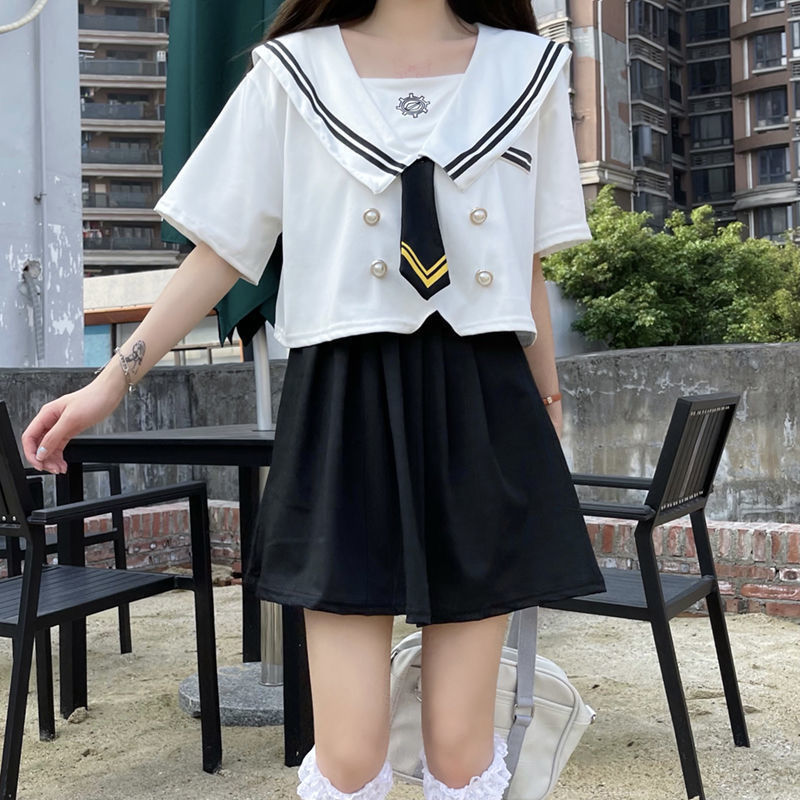 沙河【两件套装】夏季新款黑暗系j制服学院风学生水手领上衣百褶|undefined