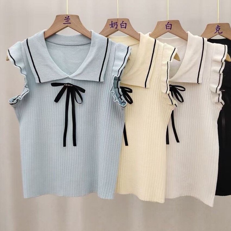 French-Style Sweet Lapel Tie-Neck Knit Top for Women, Summer 2026, with Small Flutter Sleeves, Waist-Cinching, Slimming, Versatile, White, Age-Reducing Top
